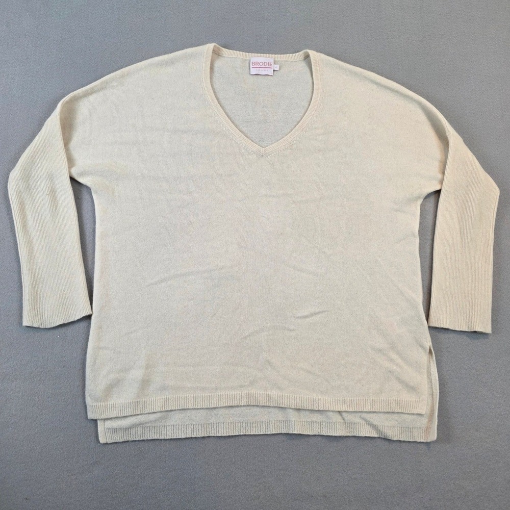 Brodie Cashmere Women Cream V-Neck Sweater 100% Cashmere Split Hem Small Relaxed